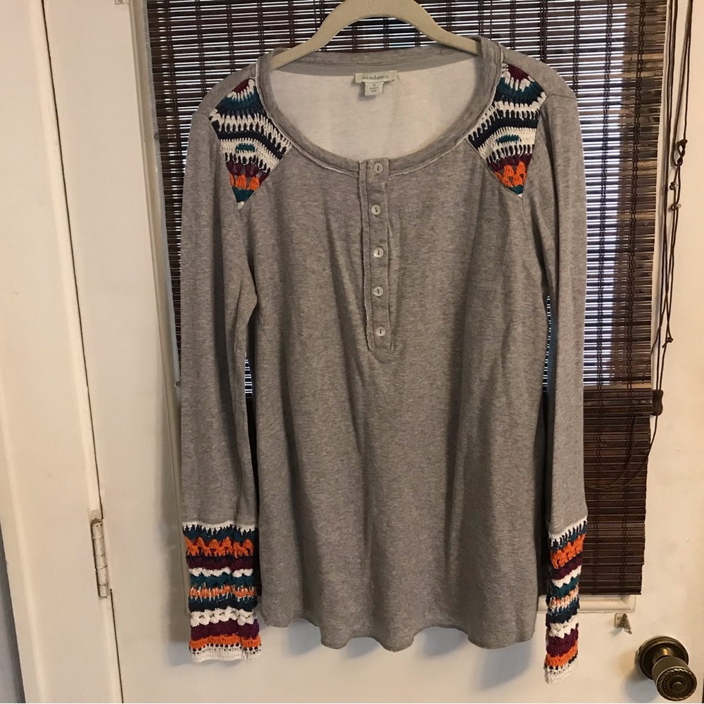 Sundance Vintage Vibes Henley Sz S/M Crochet Cotton Boho Gray Athleisure Boho